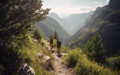 Men and women hiking mountain peak together generated by artificial intelligence